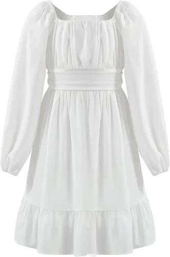 Vista 8 de blibean - Vestido de manga larga con lazo en la espalda para niñas y preadolescentes, vestido de otoño con hombros descubiertos, tallas para 6-15