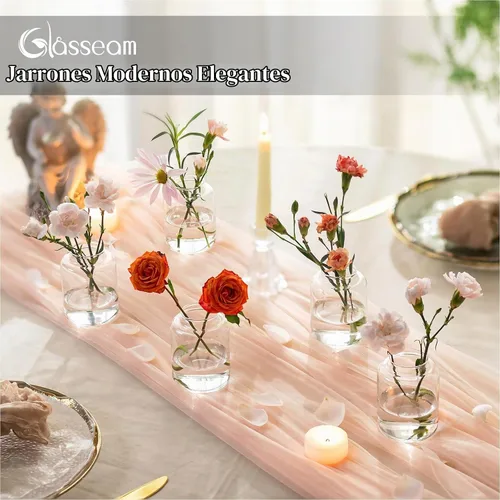 Vista 4 de Glasseam Juego de 6 jarrones de cristal para centros de mesa, modernos jarrones pequeños para el hogar, estante de mesa, decoración de fiesta