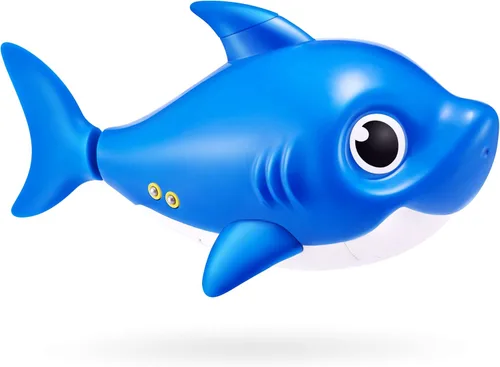 Vista 3 de Robo Alive Junior Baby Shark Nueva Versión con Aletas de Silicon Cantando y Nadando Daddy Shark (Azul) por ZURU