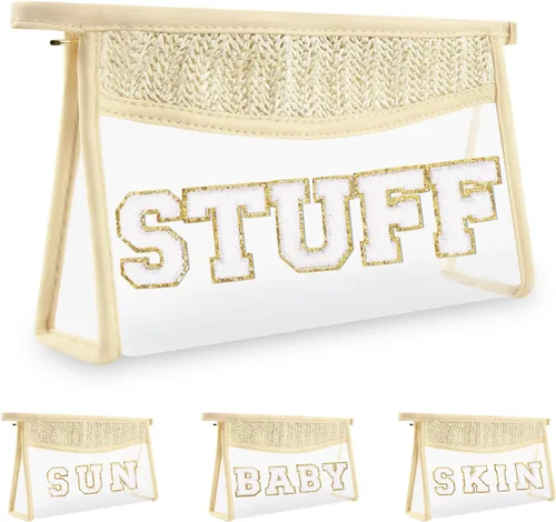 Vista 24 de Iqimott 2 bolsas de maquillaje con parches transparentes, bolsa de letras boho para nadar en la playa, bolsas de maquillaje impermeables