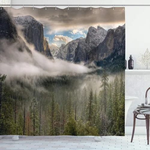 Vista 32 de Ambesonne Cortina de ducha japonesa, árboles de arce japoneses en la oscuridad profunda en el bosque, foto de ambiente bastante meditativo, juego