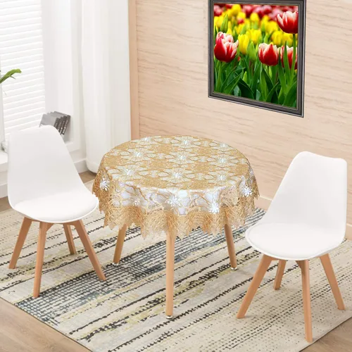 Vista 3 de Mantel pequeño de encaje beige para mesa de centro pequeña, redondo de 36 pulgadas