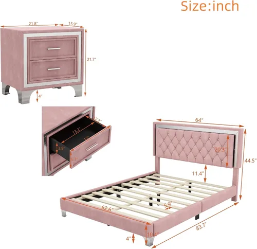 Vista 2 de Juego de muebles de dormitorio de 3 piezas, cama de plataforma tapizada tamaño Queen con luces LED y 2 mesitas de noche, cama de plataforma