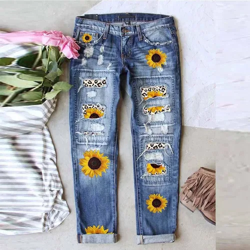 Vista 2 de Pantalones de mezclilla rasgados para mujer, con parches a cuadros, desgastados, deshilachados, elásticos, de tiro alto, ajustados, con agujero
