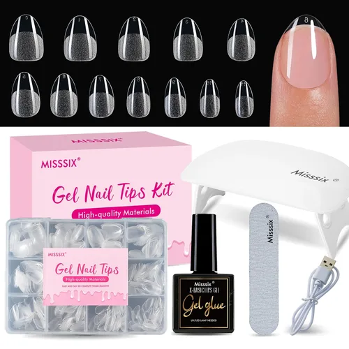 Vista 15 de Misssix Kit de puntas de uñas de gel cortas en forma de almendra, 216 piezas de uñas postizas transparentes pregrabadas, uñas postizas de cobertura