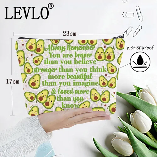 Vista 2 de LEVLO Divertida bolsa de maquillaje con diseño de aguacate, regalo inspirado en los amantes del aguacate, con texto en inglés "You Are Braver