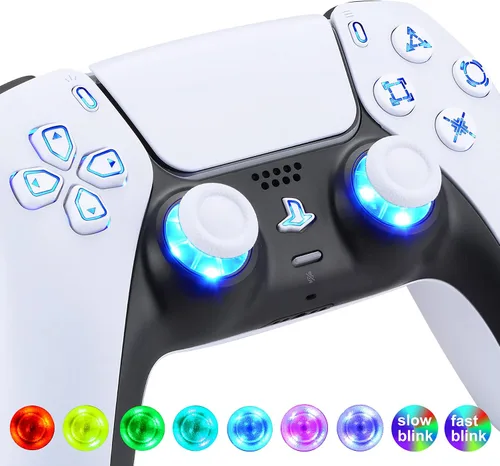 Vista 4 de eXtremeRate Multicolores luminosos Dpad Thumbstick Compartir Home Face Botones para controlador PS5, botones de símbolos clásicos blancos DTF V3 LED
