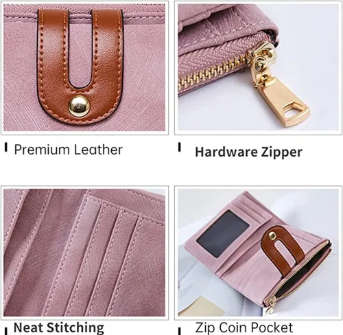 Vista 4 de Cartera de piel pequeña con bloqueo RFID, cartera delgada y plegable para mujer, Verde, Minimalista