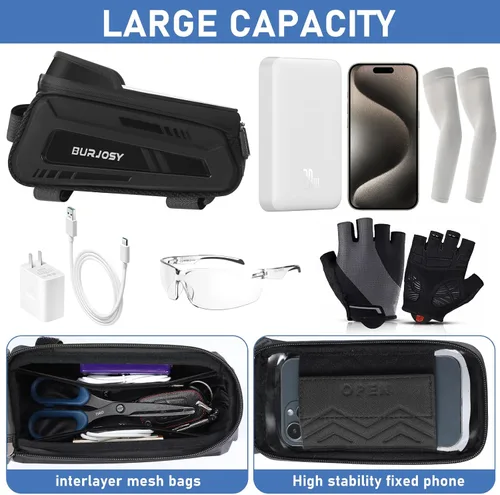 Vista 4 de Bolsa de marco frontal para teléfono de bicicleta, bolsa impermeable para teléfono con pantalla táctil de TPU y visera solar, accesorios