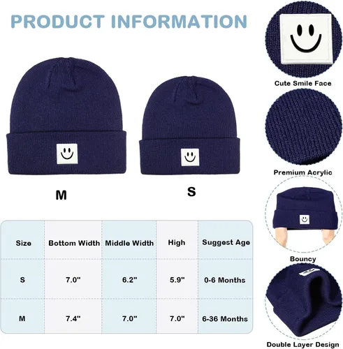 Vista 3 de Gorro de punto con cara sonriente para bebé, 3 unidades, para niños pequeños, gorro de invierno suave bordado con cara sonriente