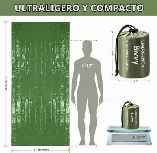 Vista 3 de Esky Emergency Sleeping Bag, Survival Bag Portable Thermal Bivy Sack, Waterproof Lightweight Emergency Blanket Survival Gear with Compass for Verde