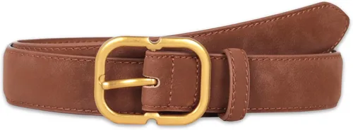 Vista 343 de Cinturón de cuero clásico con hebilla de metal para mujer con vestido de jeans