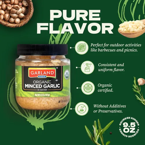 Vista 2 de Garland Food - Ajo picado orgánico de 4.5 onzas, fabricado en los Estados Unidos, sabor fresco, comodidad y poder nutricional del ajo picado orgánico