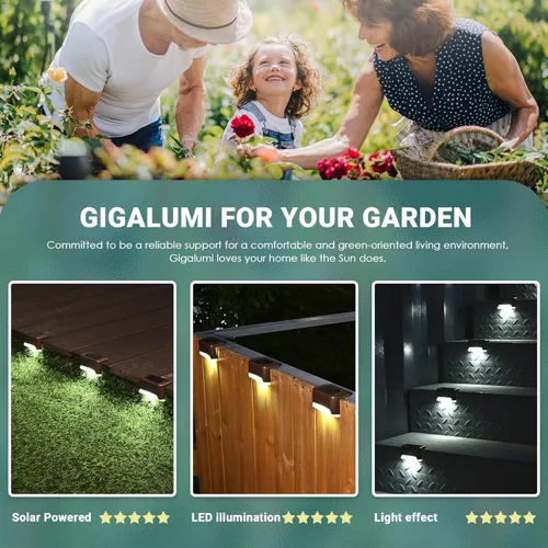 Vista 6 de GIGALUMI - Luces solares para cubierta al aire libre, paquete de 16, impermeables, LED, luces solares para escaleras, escalones, vallas, Blanco frío