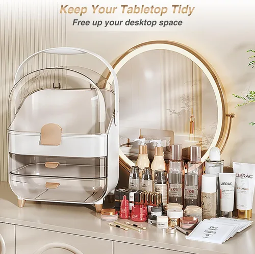 Vista 6 de Juego organizador de cosméticos - Caja de maquillaje con soporte para brochas, organizador de almacenamiento para el cuidado de la piel con cajones