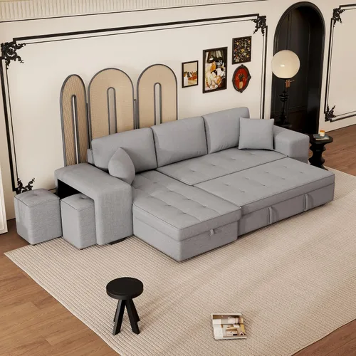 Vista 11 de P PURLOVE Sofá modular con sofá cama extraíble, sofá cama de felpilla en forma de L de 3 plazas con ruedas, diván de almacenamiento y 2 taburetes