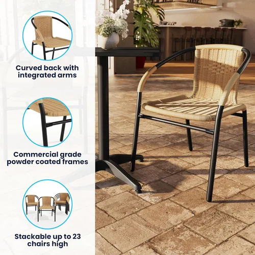 Vista 6 de Flash Furniture Lila Paquete de 2 Sillas Apilables de Ratán Beige para Restaurante Interior-Exterior