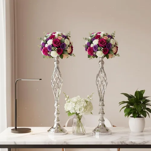 Vista 42 de 2 piezas de centros de mesa de boda para mesas de recepción, soportes de velas retorcidas, adornos, centros de mesa de metal con jarrón de flores