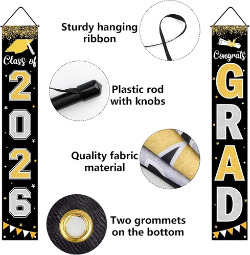 Vista 3 de Bandera de decoración de graduación 2025 GRAD Bandera negra para porche y puerta de bienvenida para pared interior y exterior, decoración