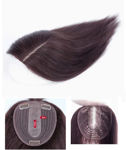 Vista 4 de LXUE Parte superior de cabello humano con base de seda natural para mujeres con cabello gris y delgado, 5 x 5.5 pulgadas, base con flequillo, 8.7