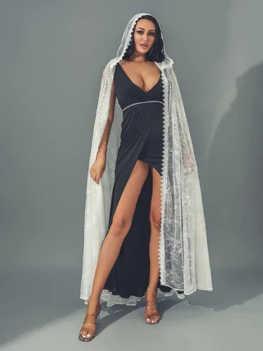 Vista 2 de Unicra Capa larga con capucha de encaje de longitud completa, capa larga para disfraz de Halloween, capa de fiesta de cosplay para mujer