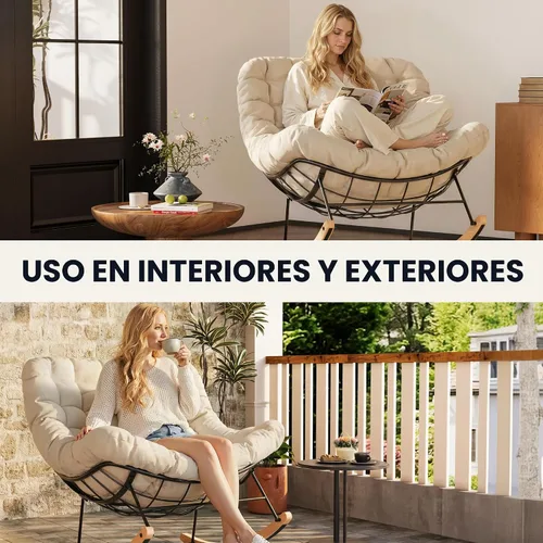 Vista 8 de FLEXISPOT Mecedora de gran tamaño para exteriores con asiento acolchado grueso, color beige