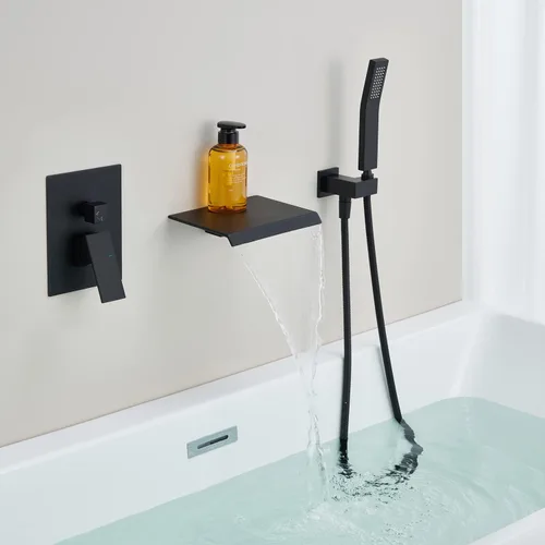 Vista 3 de Wowkk Llenador de bañera de montaje en pared, grifo de bañera en cascada, grifo de baño negro de latón con una sola manija con ducha de mano