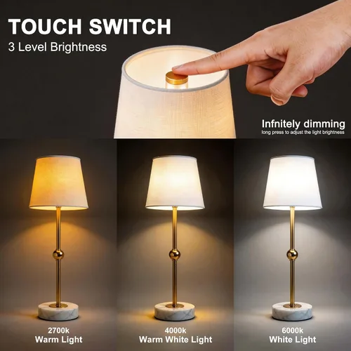 Vista 7 de Lámpara de mesa LED inalámbrica de 17.5 pulgadas, recargable y regulable con bombilla magnética desmontable, base de mármol, acabado de latón, luz