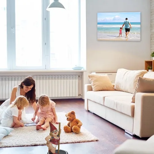 Vista 2 de Impresiones en lienzo personalizadas con tus fotos y nombres, marco de fotos personalizado en las montañas junto al mar, imagen de vacaciones