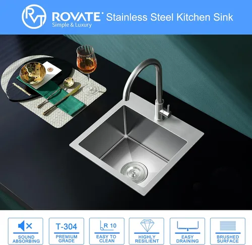Vista 2 de ROVATE Fregadero de barra empotrable de 13 x 15 x 8 pulgadas, Fregadero de cocina pequeño de montaje superior de un solo compartimento, Fregaderos
