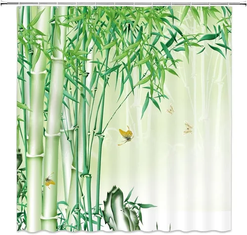 Vista 8 de Cortina de ducha pequeña, spa con hojas de piedra de agua, jardín, japonés, asiático, naturaleza, negro, blanco, verde, RV, baño, decoración