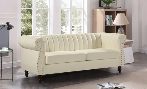 Vista 3 de Container Furniture Direct Sofá de piel sintética de 77 pulgadas inspirado en Chesterfield con diseño elegante, patas de calabaza y tapicería