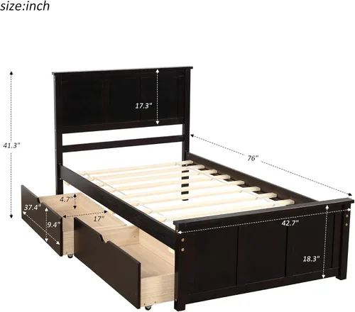 Vista 2 de P PURLOVE Marco de cama de tamaño individual con dos cajones debajo, marco de cama de plataforma doble de madera con cabecera con soporte de Espresso