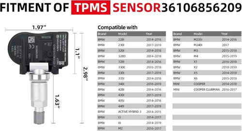 Vista 8 de 4Pack 36106856209 433MHz Sistema de monitoreo de presión de neumáticos (TPMS) Sensor compatible con MINI Cooper BMW I3 I8 X1 X2 X5 X6 M2 M235I M240I