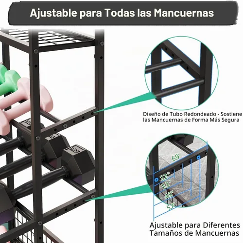 Vista 3 de Soporte para mancuernas de 3 niveles, soporte de pesas ajustable para gimnasio en casa, soporte de peso resistente con ganchos para mancuernas