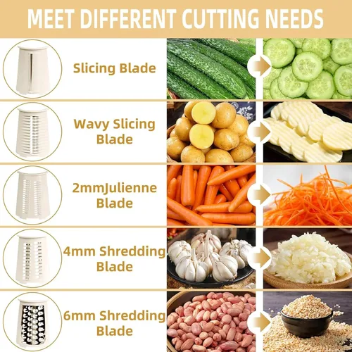 Vista 4 de Rallador rotativo de queso con asa, triturador de verduras con 5 cuchillas reemplazables y base de succión fuerte, rebanador redondo de alimentos