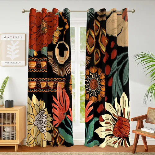 Vista 12 de Tyrot - Cortinas bohemias florales 100% opacas para dormitorio de 63 pulgadas de largo, 2 paneles. Cortinas botánicas de mediados de siglo
