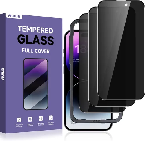Vista 14 de Protector de pantalla de privacidad Ruwa para iPhone 14 Pro Max [Pack de 3] [17 cm] Película de vidrio templado para pantalla con marco