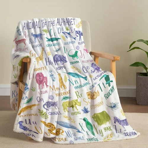 Vista 3 de Manta de franela con diseño del alfabeto de animales, súper suave, ligera, para niños, adultos, adecuada para sofá, cama, campamento, viajes, todas