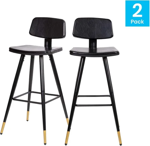 Vista 4 de Flash Furniture Kora Taburetes de bar de respaldo bajo de grado comercial, tapicería LeatherSoft negra, marco de hierro negro, reposapiés integrado
