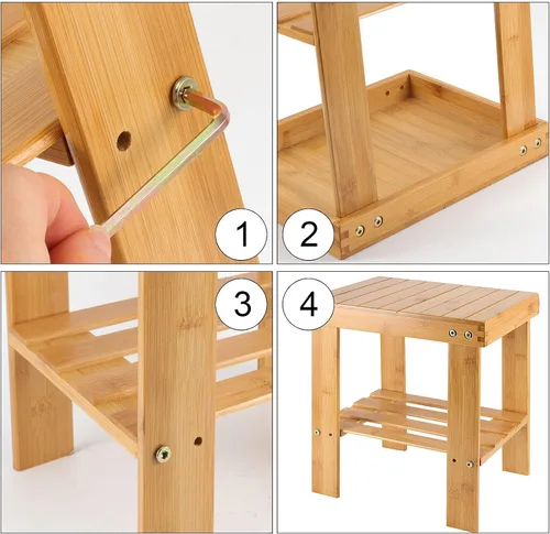 Vista 3 de HOIGON Paquete de 2 taburetes de ducha de bambú de 13 pulgadas, taburete de madera con carcasa de almacenamiento, taburetes antideslizantes