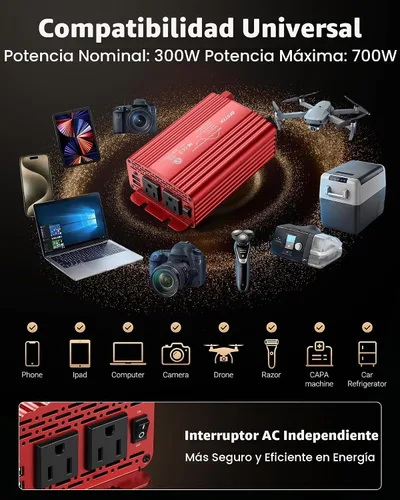 Vista 6 de BESTEK Inversor de Corriente de Onda Sinusoidal Pura de 300 Vatios - Adaptador Inversor de Enchufe de Automóvil de CC 12V a CA 110V, Convertidor