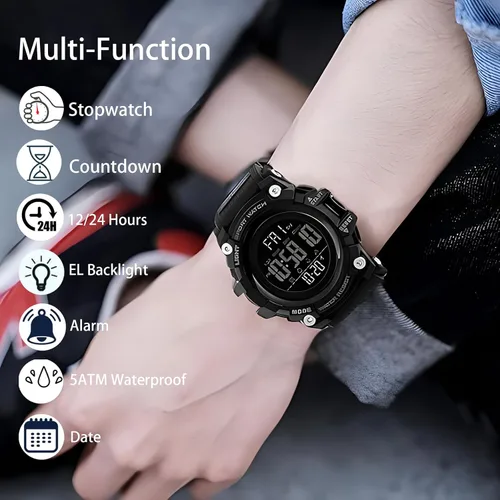 Vista 3 de Reloj deportivo digital con correa de resina negra, impermeable, cronómetro, para hombres y mujeres