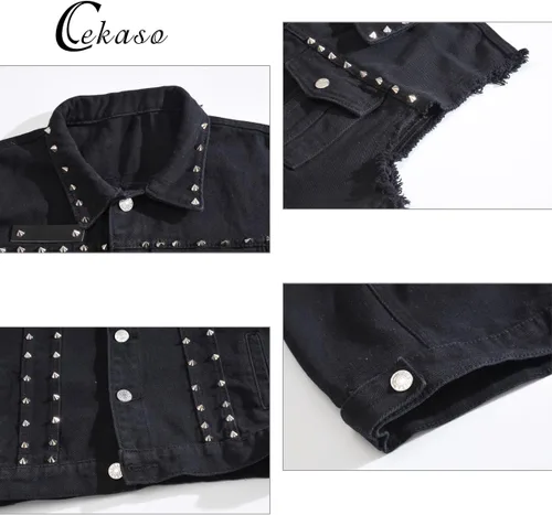 Vista 3 de Chaleco de mezclilla para hombre, chaqueta sin mangas, punk, casual, con solapa, vaqueros, chalecos con remaches