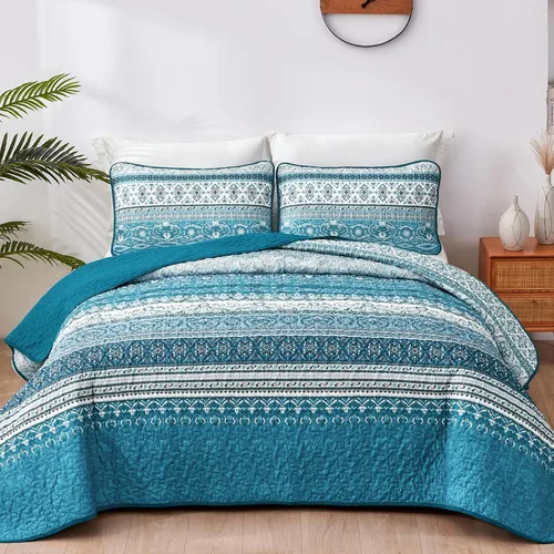 Vista 9 de WONGS BEDDING Juego de edredón bohemio tamaño individual, juego de ropa de cama azul bohemio individual, colcha de microfibra ligera con funda
