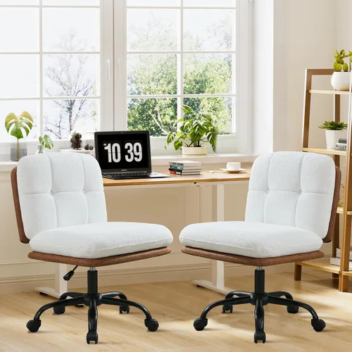 Vista 2 de SOFTHION Juego de 2 sillas de escritorio de oficina sin brazos con ruedas, asiento ancho, giratorio, de altura ajustable, cómoda silla cruzada