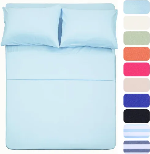 Vista 37 de Juego de sábanas de diseño estampado clásico - Juegos de sábanas con bolsillo profundo ultra suave y transpirable., Microfibra, Celeste (Baby Blue)