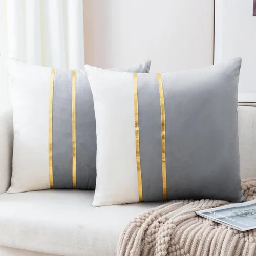 Vista 21 de ZLINA Juego de 2 fundas de almohada decorativas de terciopelo verde aguamarina y blanco con parches y cuero dorado de 16 × 16 pulgadas, fundas
