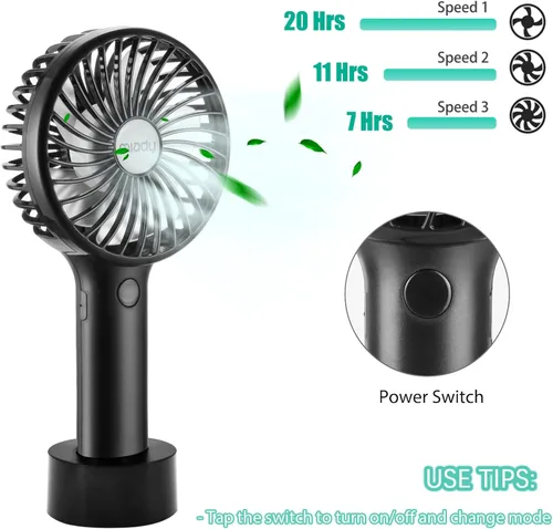 Vista 2 de Miady Paquete de 2 ventiladores portátiles mejorados de 5000mAh, ventilador de mano mini USB de 3 velocidades, viento fuerte, tiempo