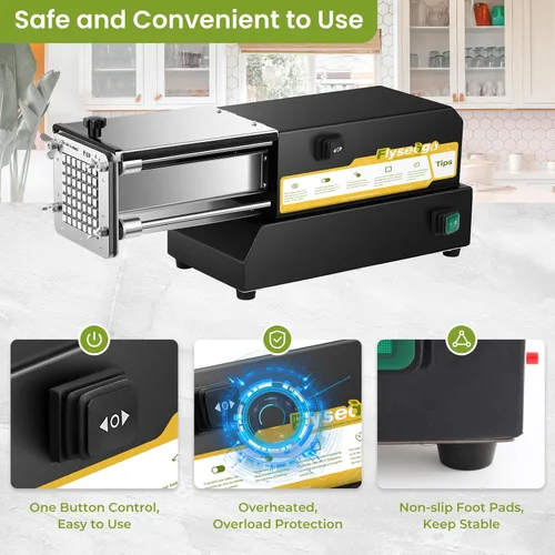Vista 5 de Cortador de patatas fritas eléctrico de acero inoxidable profesional con 2 cuchillas para uso comercial, doméstico y pepinos, zanahorias, batatas